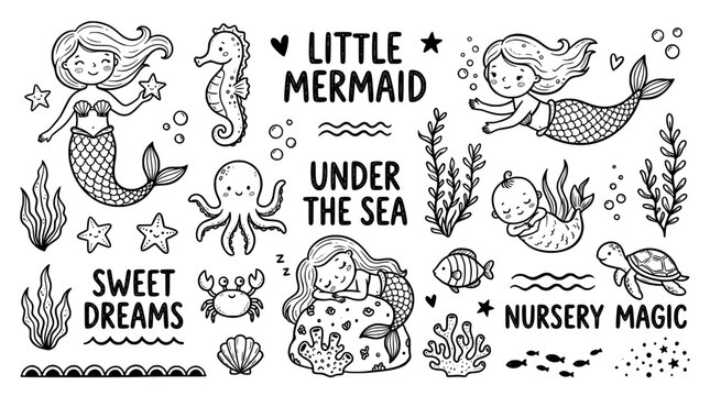 Cute mermaid and sea animals collection