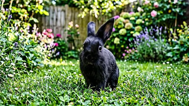 Cute black rabbit in lush garden with colorful flowers