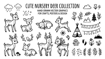 Fototapeta premium Cute nursery deer collection, handdrawn vector graphics for kids design
