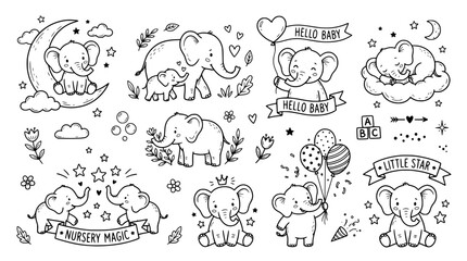 Obraz premium Cute baby elephant set, nursery wall art, vector illustration