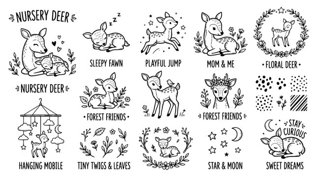 Nursery deer vector set with cute baby fawns and forest elements