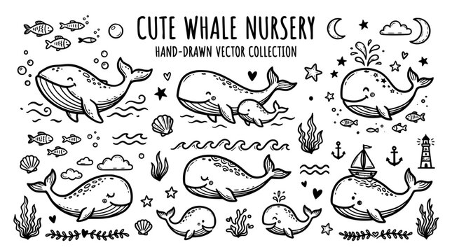Cute whale nursery handdrawn vector collection