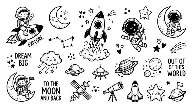 Set of cute space doodles, handdrawn cosmic elements