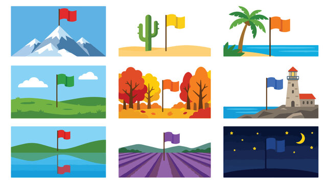 Various landscapes with world national flags vector collection