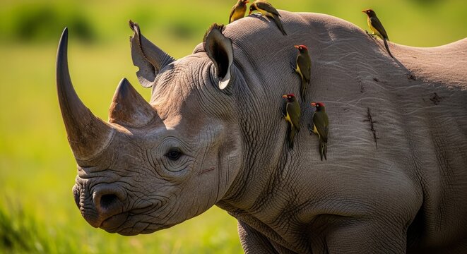 Intense close-up of a powerful black rhino featuring small oxpeckers perched on its rugged hide during a bright day in the wild savanna, connection, dusty, rhinoceros