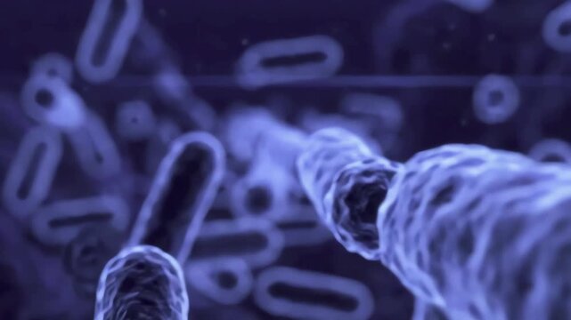 Microscopic View of Bacteria Cells Floating in Fluid, Detailed 3D Animation with Soft Focus and Blue Tones, Medical Science Background, 4K