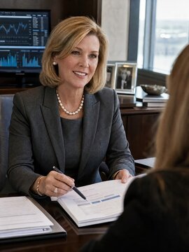 Generative AI, Caucasian female wealth advisor presenting estate plan to client