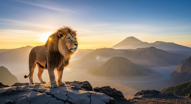 Majestic male lion surveys a vast caldera from a rocky outcrop at sunrise, golden light illuminating his mane against a scenic wilderness, watching, landscape, scenic