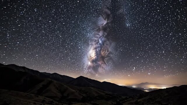 Time Lapse of the Milky Way Galaxy Over Mountain Range at Night, Stars Twinkling and Moving Across the Sky, Distant City Lights Glow on the Horizon, 4K