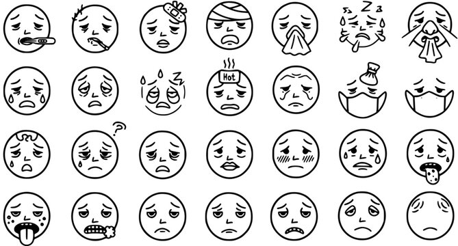 Medical Sickness Illness Emojis Line Art Icons Set. Healthcare Problems, Unwell Feelings, Sick Faces, Doodle Outline Emoticons Collection.