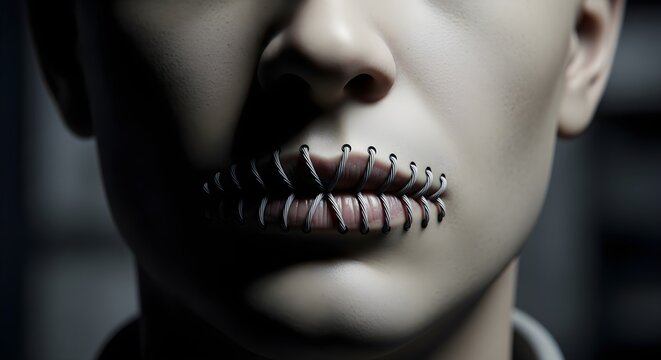 Closeup of woman with stitched lips.