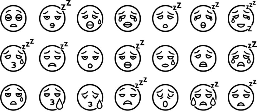 Black and White Line Art Emoticons Showing Sadness, Crying, and Sleeping Faces