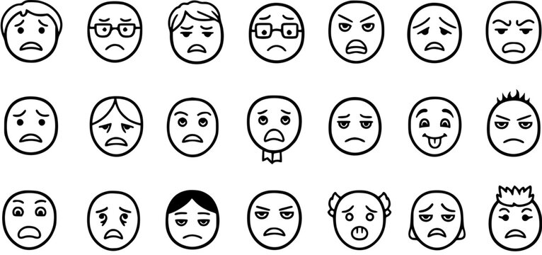 Black and white line art of 21 different facial expressions and emotions, set against a white background.
