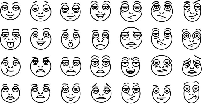 Black and White Line Art Emoticon Faces: Tired, Sleepy, Bored, Exhausted Expressions