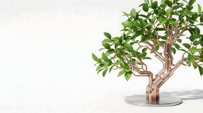 Surreal conceptual green leaf tree with trunk made of realistic copper motherboard circuits