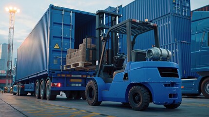 Naklejka premium Blue forklift loading cargo containers onto a semi trailer truck at a logistics port
