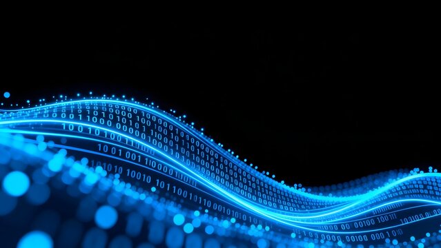 Blue binary data wave on black background
