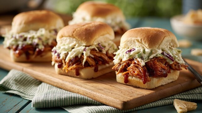 Delicious Pulled Pork Sliders with Creamy Coleslaw on a Wooden Board