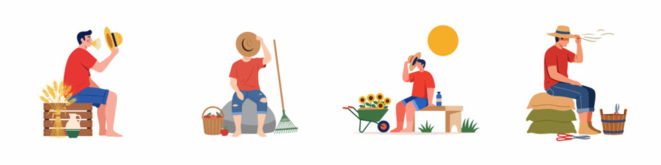 Fototapeta premium Collection of flat vector illustrations featuring a young farmer resting and working with crops, tools, and harvest on a farm.