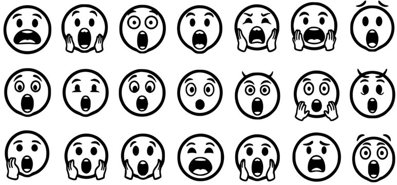 Black and White Line Art of Various Screaming or Surprised Emoticons for Emotive Expression