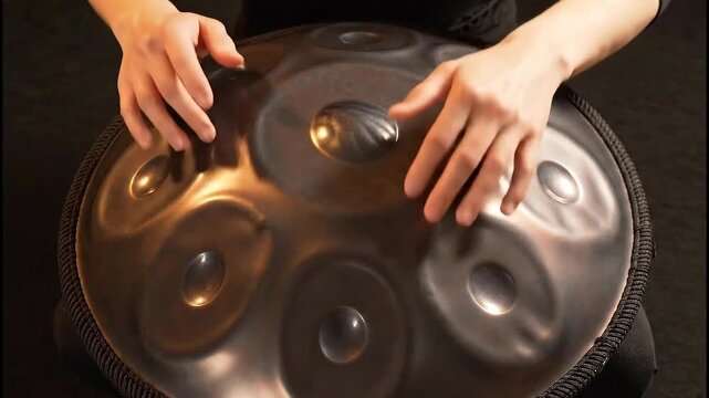 Close-up of hands playing a handpan, a percussion instrument with a UFO-like shape, producing ethereal music.