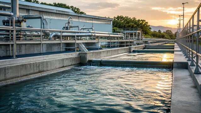 wastewater treatment plant with flowing water in concrete channels, industrial pipes and sunset light, sustainable environmental infrastructure and water purification concept