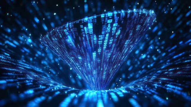 Abstract digital vortex of blue data streams and particles swirling into a funnel.