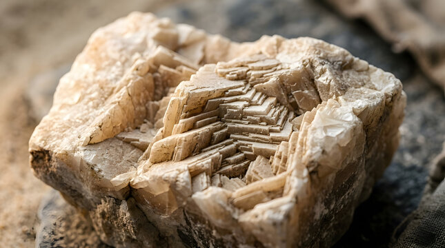 Raw mineral stone with layered crystal growth close up, macro cream dolomite crystal geode specimen on dark surface