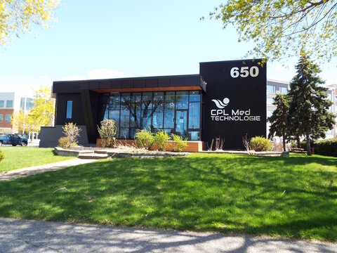 Gatineau, Quebec, Canada &ndash; May 10, 2026: The "CPL Med Technologie" building features a modern, black facade with large glass windows and prominent address signage at 650 Bd de la Gappe.