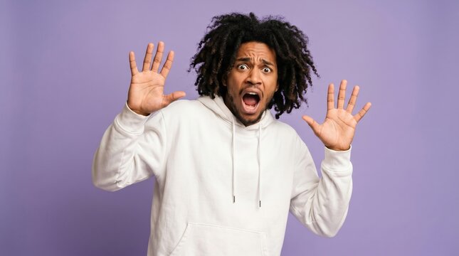 Surprised black man with dreadlocks looking at camera with wide eyes surprised dreadlocks portrait background