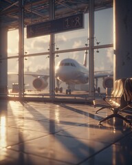 Naklejka premium Sunlit airport departure lounge with airplane visible through large windows and empty seating in warm golden hour light