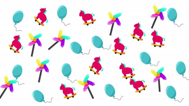 Bright and fun pattern featuring blue balloons, pink skateboard, ponies, colorful pinwheels on white background. Perfect for childrens designs.