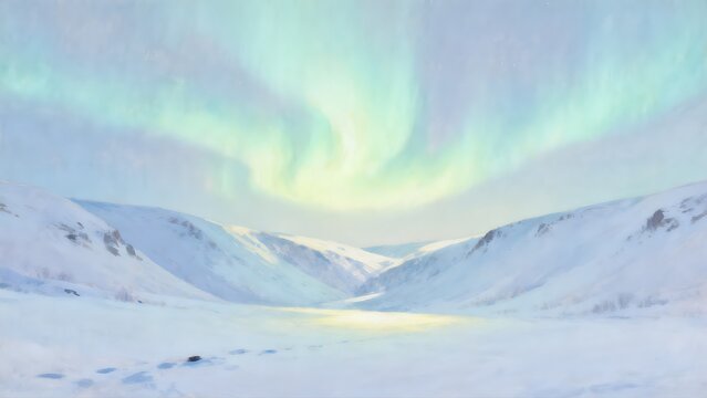 Snowy mountain valley with northern lights