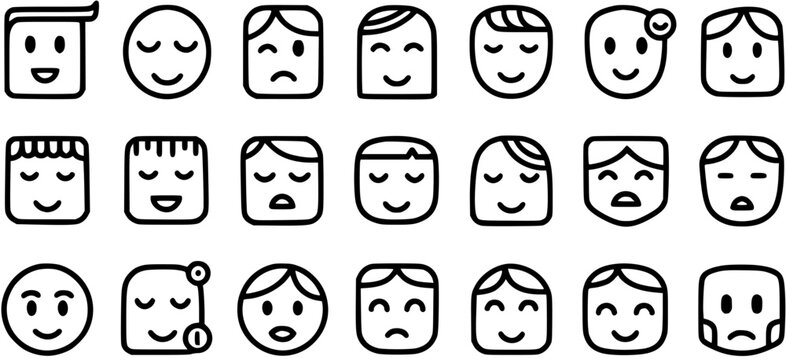 Black and white line art icons set of various facial expressions and emotions on people's faces.