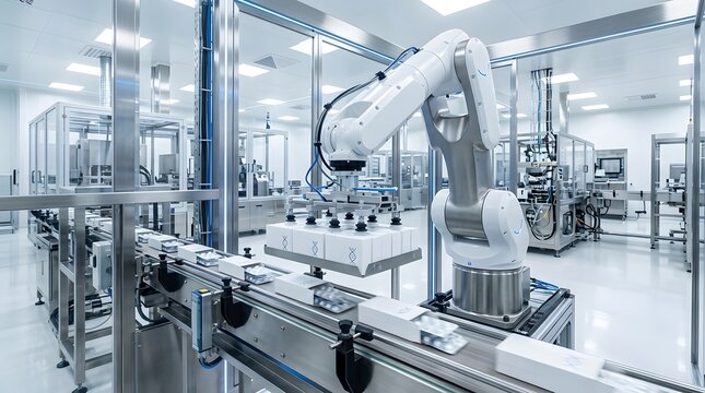 Industrial robotic arm assembly line in a pharmaceutical cleanroom, automated packaging process for medical products with blister packs on a conveyor belt in a high-tech factory.