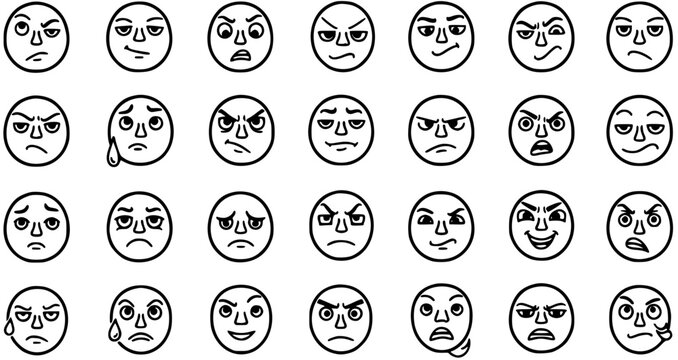 Black and White Line Art Set of Various Emotion Faces, Expressing Anger, Sadness, and Discontent