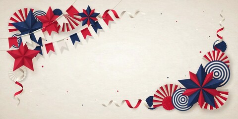 Fototapeta premium Paper fans and star ornaments create a festive border design on a light textured background for celebration themes.