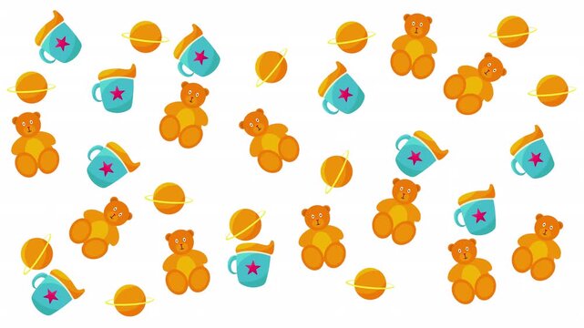 Fun and colorful image features multiple brown teddy bears, small blue star mugs, and bright orange saturn planets. Ideal for childrens book illustrations or greeting cards.