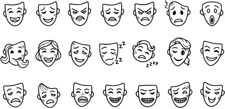 Black and White Line Art Icons of Theatre Masks Showing Various Emotions
