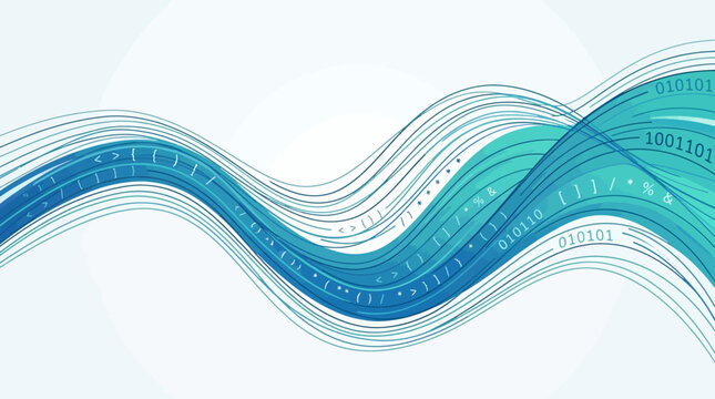 Abstract blue digital wave background with binary code stream representing technology data flow and information network