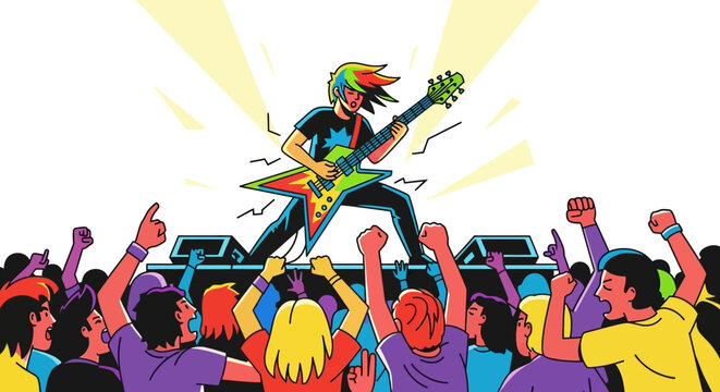 Energetic crowd cheering for a rock star performing on a stage illustration