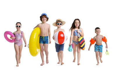 Fototapeta premium Group of children in beachwear walking on white background