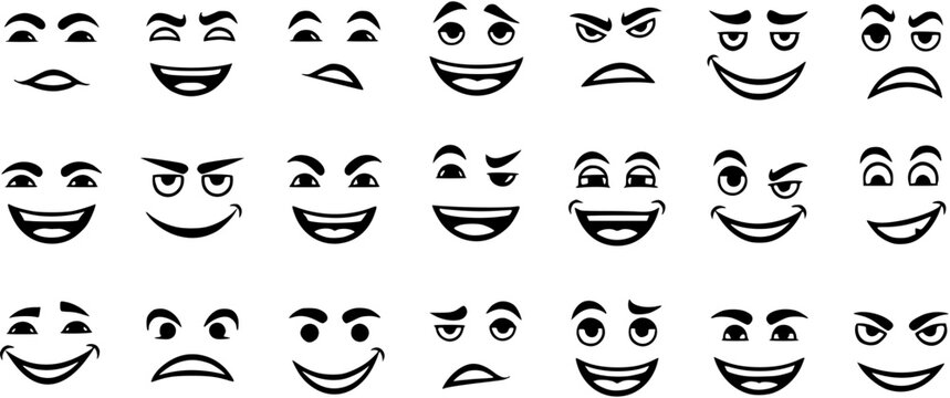 Black and White Line Art Emoticons Set, Vector Faces with Different Expressions
