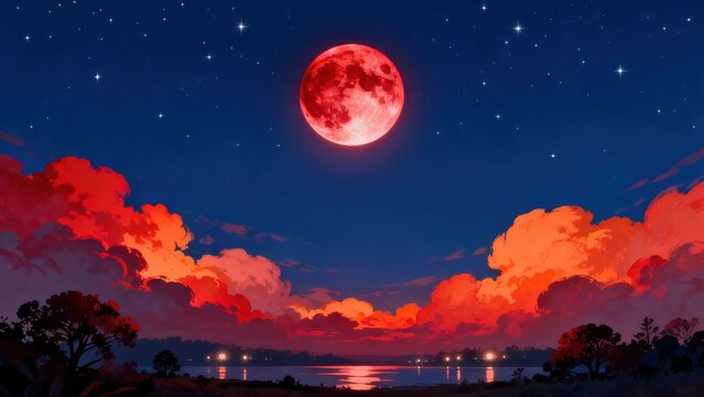 Red moon night sky with clouds