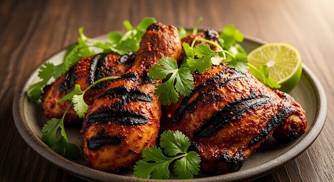 Delicious grilled chicken thighs on a plate with herbs and lime