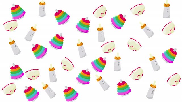 Multiple rainbow baby stacking ring toys, nursing bottles, and diapers create a charming pattern suitable for babythemed designs and products.