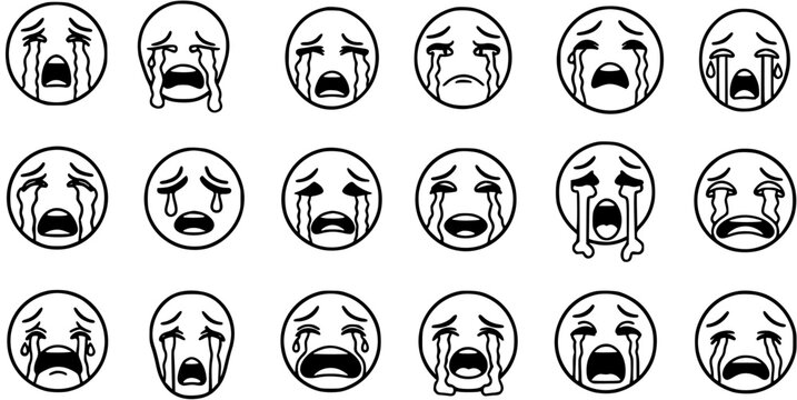 Collection of Crying Emoticons and Sad Faces in Black and White Line Art Style, Expressing Deep Emotions, Grief, and Mental Health Struggles. Vector Icons.