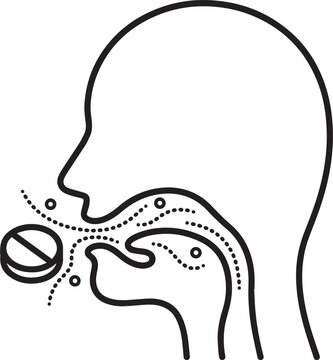 Black line drawing of a human head swallowing a pill Vector
