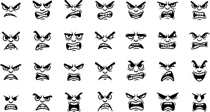 Angry Cartoon Faces Vector Set - Black and White Furious Facial Expressions Line Art Icons for Emotion and Mood Design