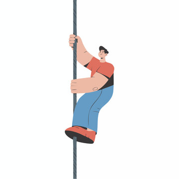 Cartoon man climbing up a pole with one hand and foot grip vector illustration